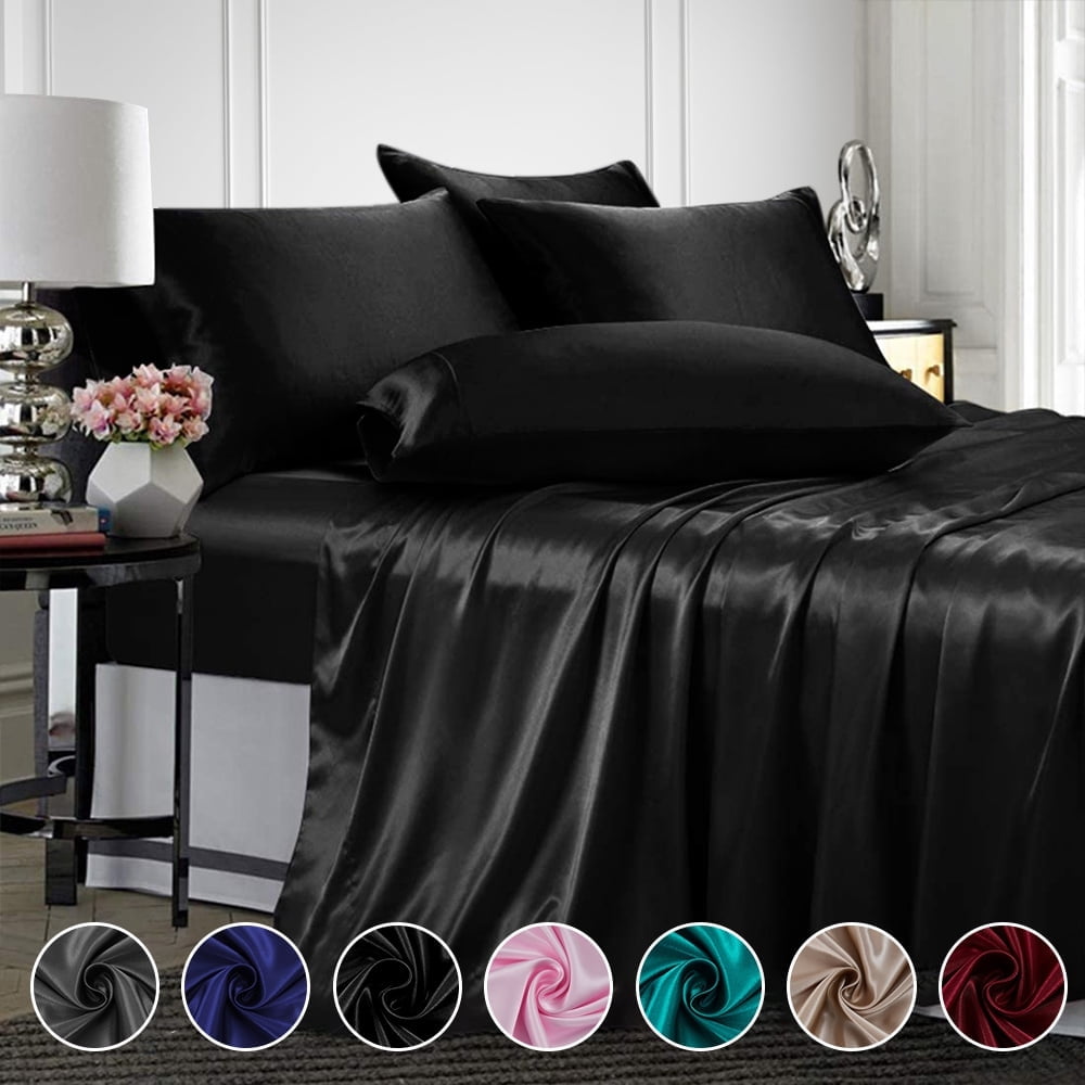 Breathable Luxury Twin Silk Gray Bed Sheet Set Deep Pocket Bed Flat Fitted Sheet, 3-Pieces - Cooling Hotel Quality Bedding Sheets and Pillowcases - Default Title
