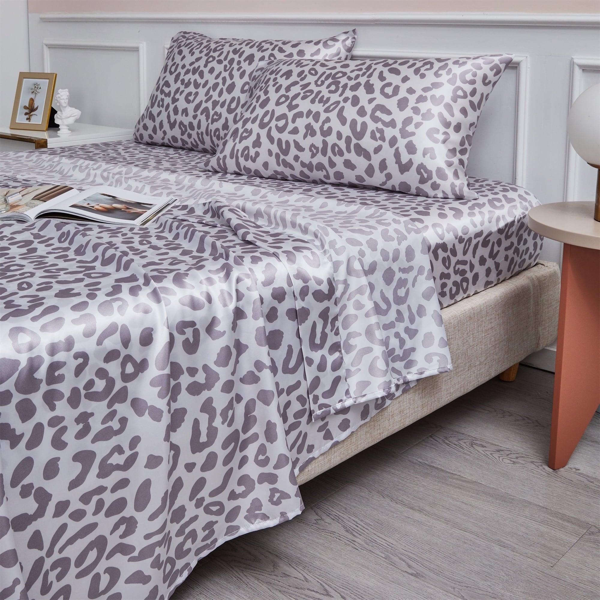 Breathable Luxury Satin Sheets Twin Silk Sheets Silver Leopard Bed Sheet Set Deep Pocket Bed Flat Fitted Sheet, 3-Pieces - Premium Ultra-Soft Pillowcase Pair for Sleeping - Default Title