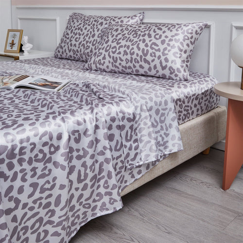 Breathable Luxury Satin Sheets Twin Silk Sheets Silver Leopard Bed Sheet Set Deep Pocket Bed Flat Fitted Sheet, 3-Pieces - Premium Ultra-Soft Pillowcase Pair for Sleeping - Default Title