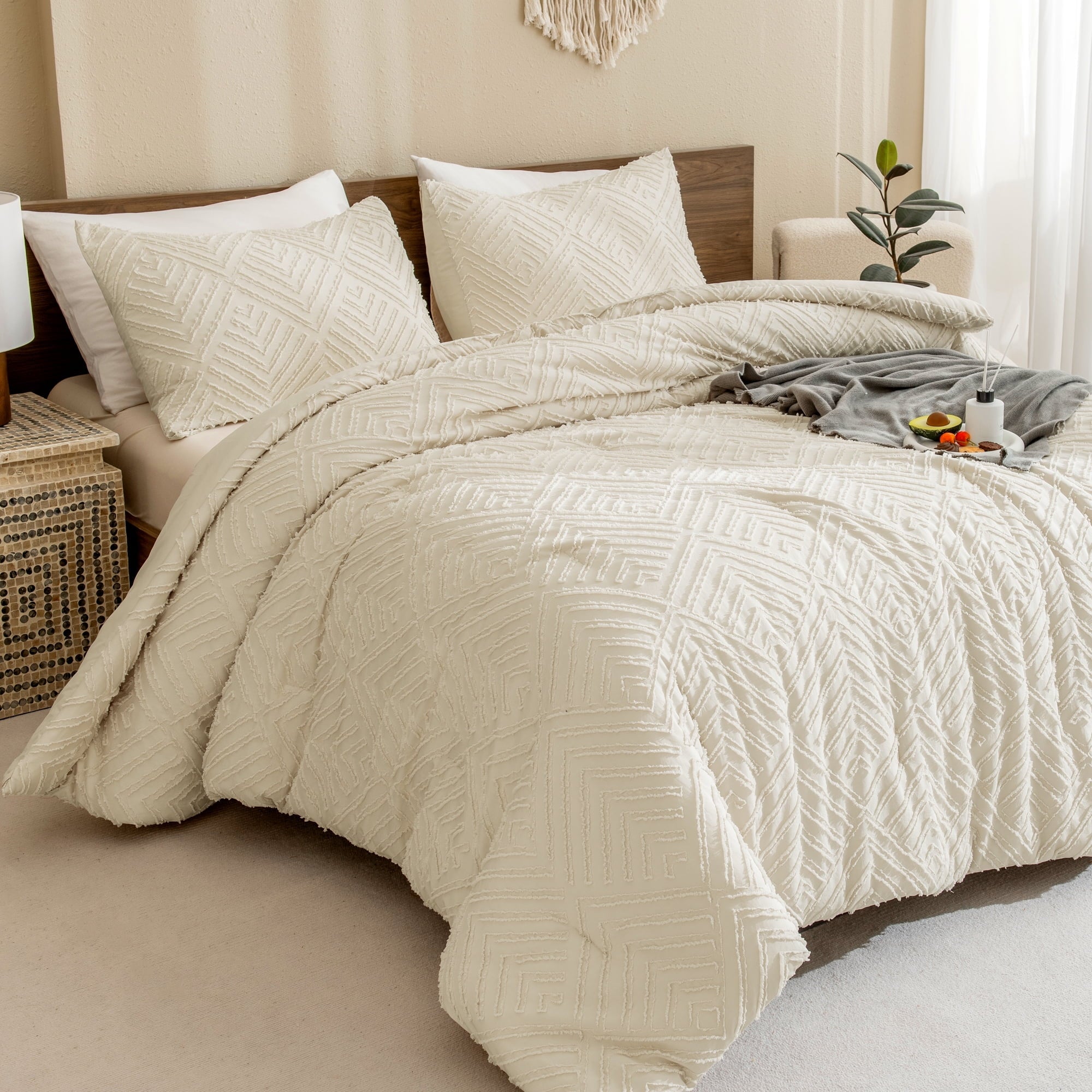 Hypoallergenic Cloud King Size Comforter Sets Beige - 3 Pieces Cream Boho Bedding Comforter Set for King Bed - Soft Fluffy Tufted Textured... - All-Season Down Alternative Comforter Insert - Default Title