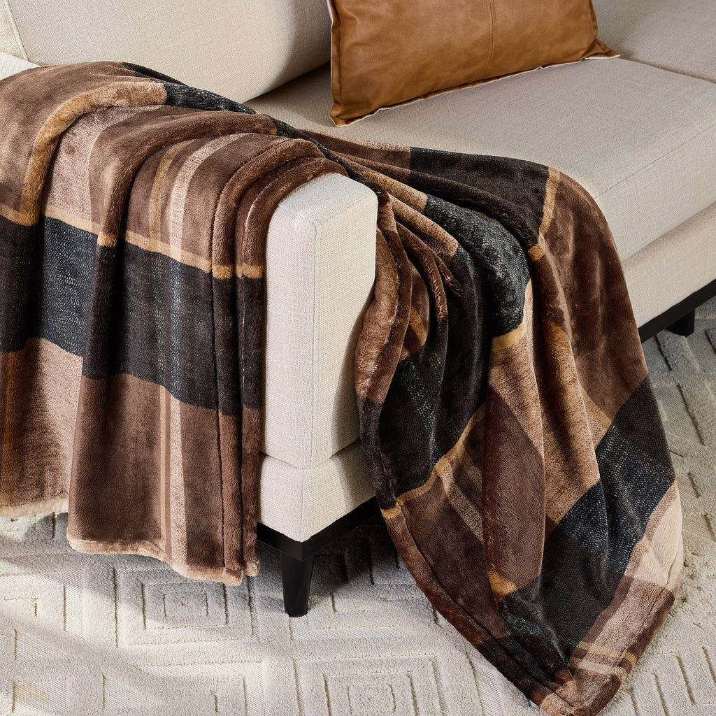 Decorative Knitted Printed Velvet Plush Super Soft Throw Blanket, Oversized, Shelton Brown Plaid - Luxury Knitted Decorative Throw Blanket with Fringes - Default Title