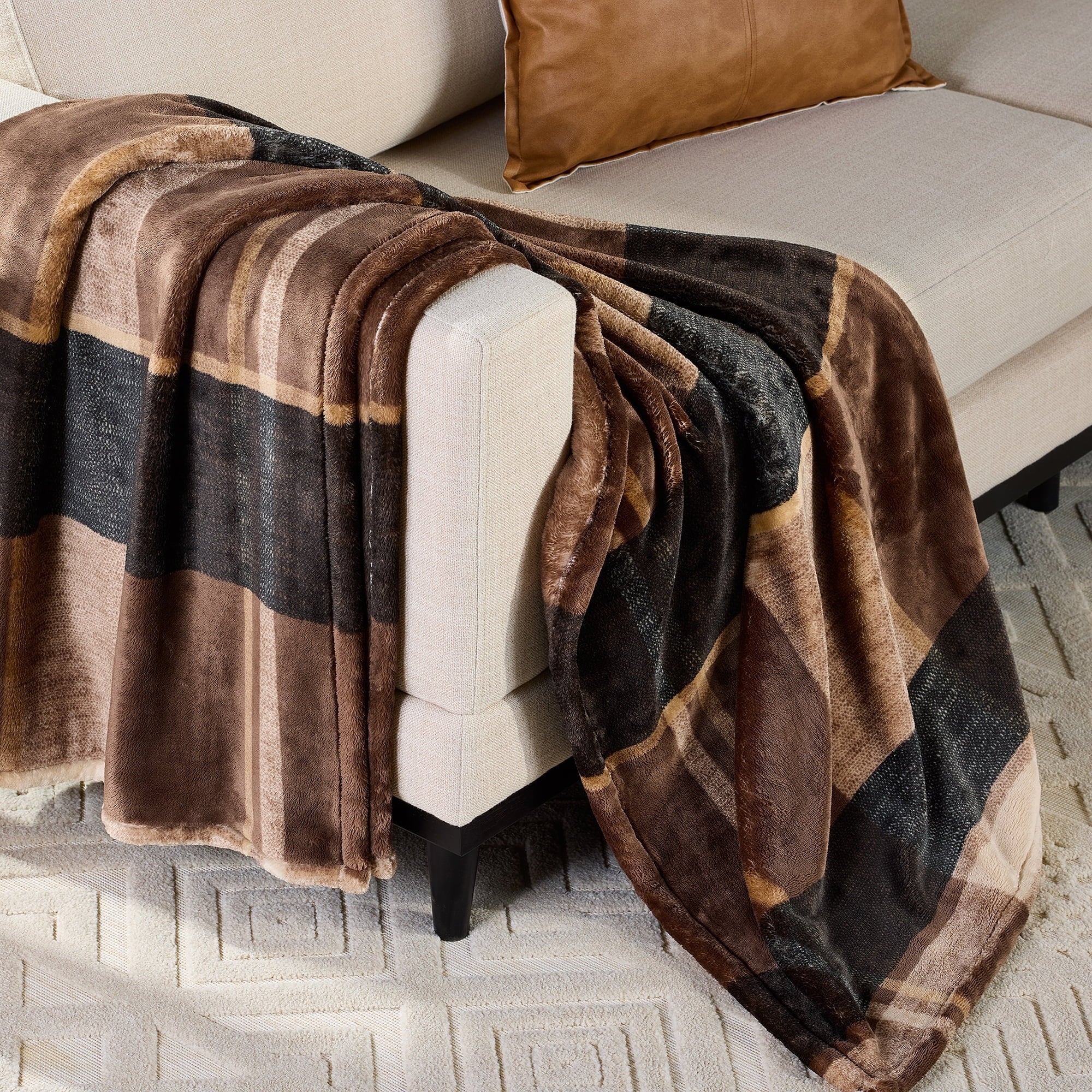 Decorative Knitted Printed Velvet Plush Super Soft Throw Blanket, Oversized, Shelton Brown Plaid - Luxury Knitted Decorative Throw Blanket with Fringes - Default Title