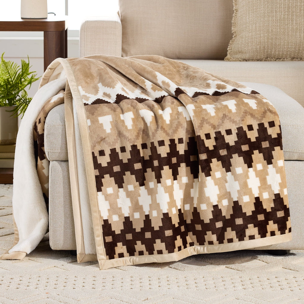 Cozy Fleece Printed Velvet Plush Reverse to Faux Fur Super Soft Throw Blanket, Oversized, Linder Border Beige - Luxury Knitted Decorative Throw Blanket with Fringes - Default Title