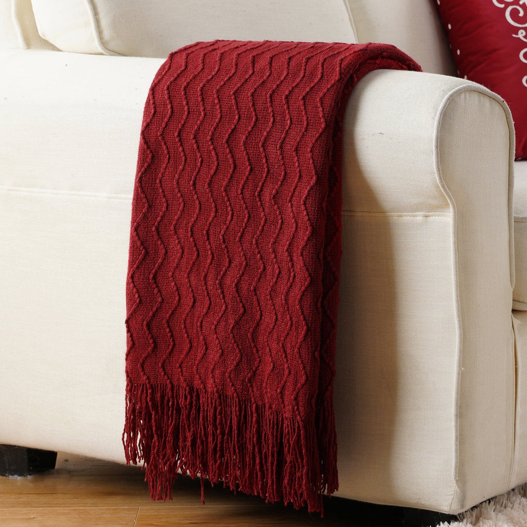 Super Soft Flannel Dark Red Blanket for Couch,Burgundy Knit Throw Blanket for Bedroom,Christmas Throw,50"x60" - Luxury Knitted Decorative Throw Blanket with Fringes - Default Title