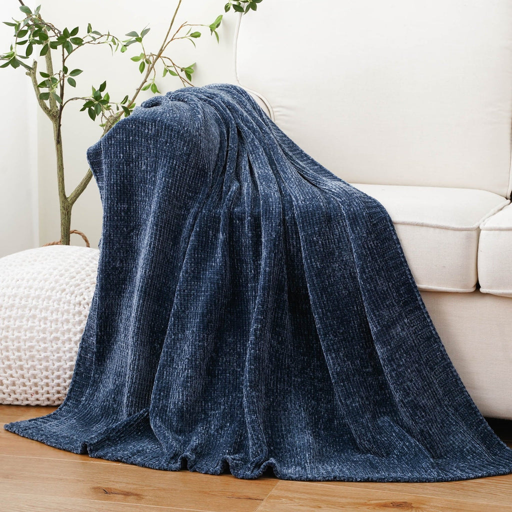 Lightweight Warm Navy Blue Chenille Throw for Couch Bed,Soft Navy Knit Blanket, Housewarming Gifts, 51"x 67" - Cozy Fleece Throw Blanket for Couch & Bed - Default Title