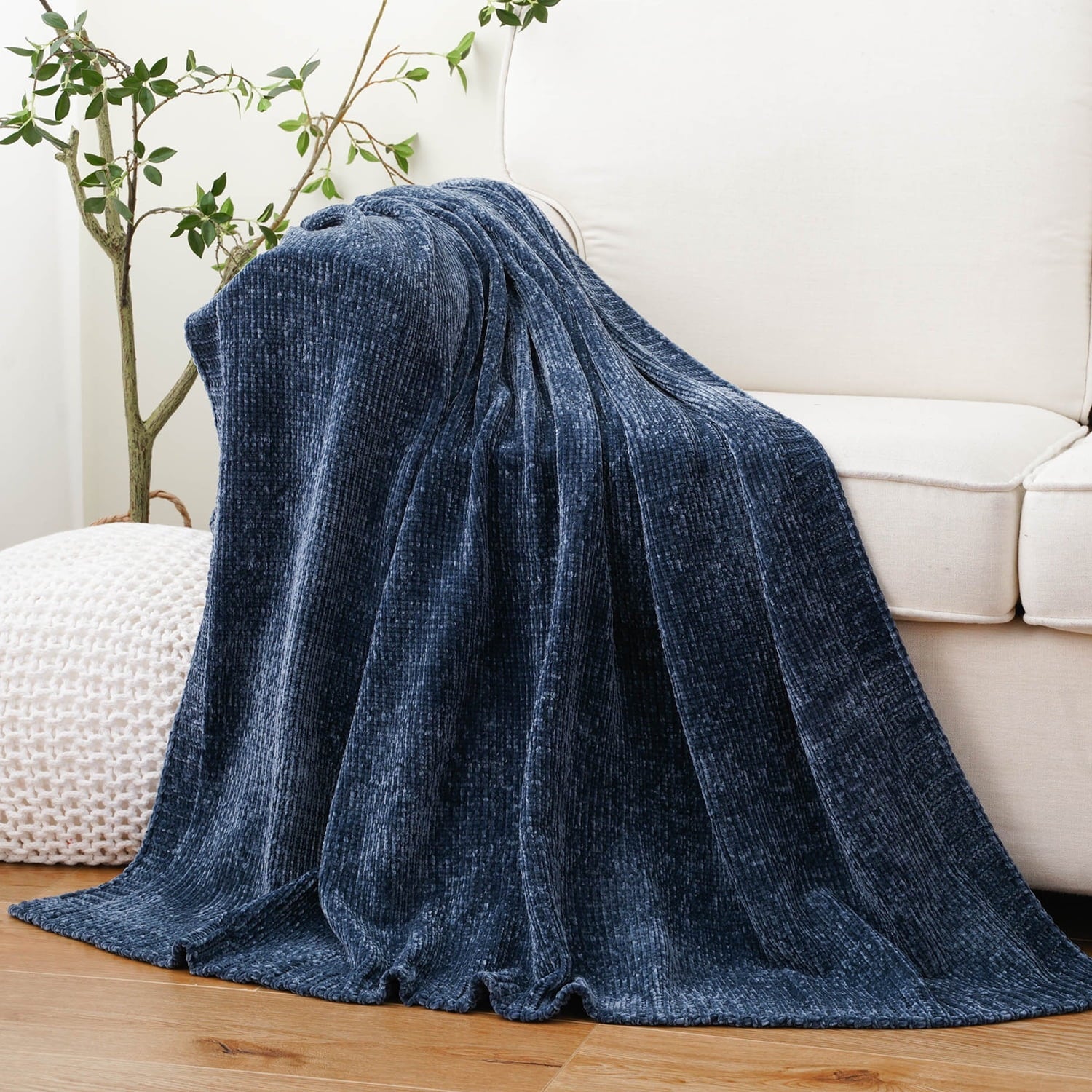 Lightweight Warm Navy Blue Chenille Throw for Couch Bed,Soft Navy Knit Blanket, Housewarming Gifts, 51"x 67" - Cozy Fleece Throw Blanket for Couch & Bed - Default Title
