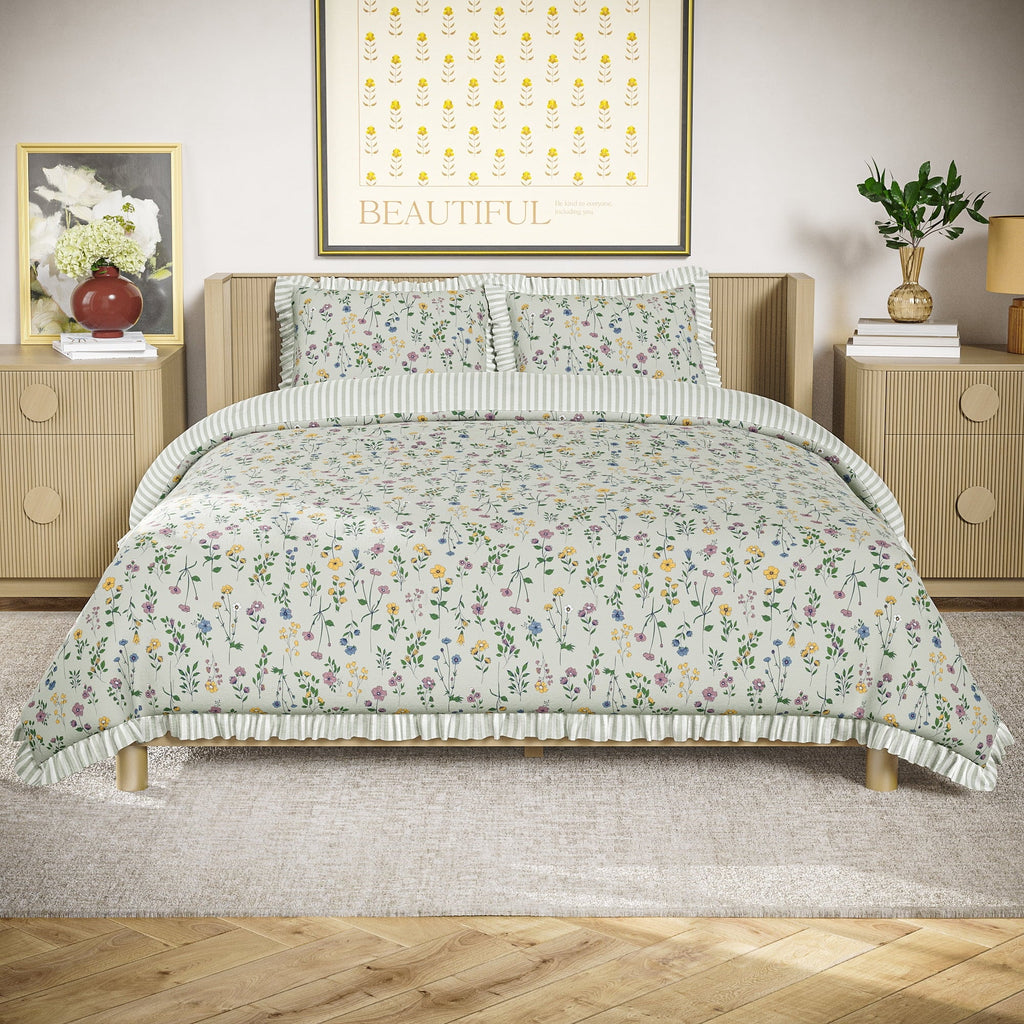 Heavyweight Warmth 100% Cotton Botanical 3-Piece Sage Green Comforter Set, Full/Queen - Luxurious Quilted Duvet Cover Set - Default Title