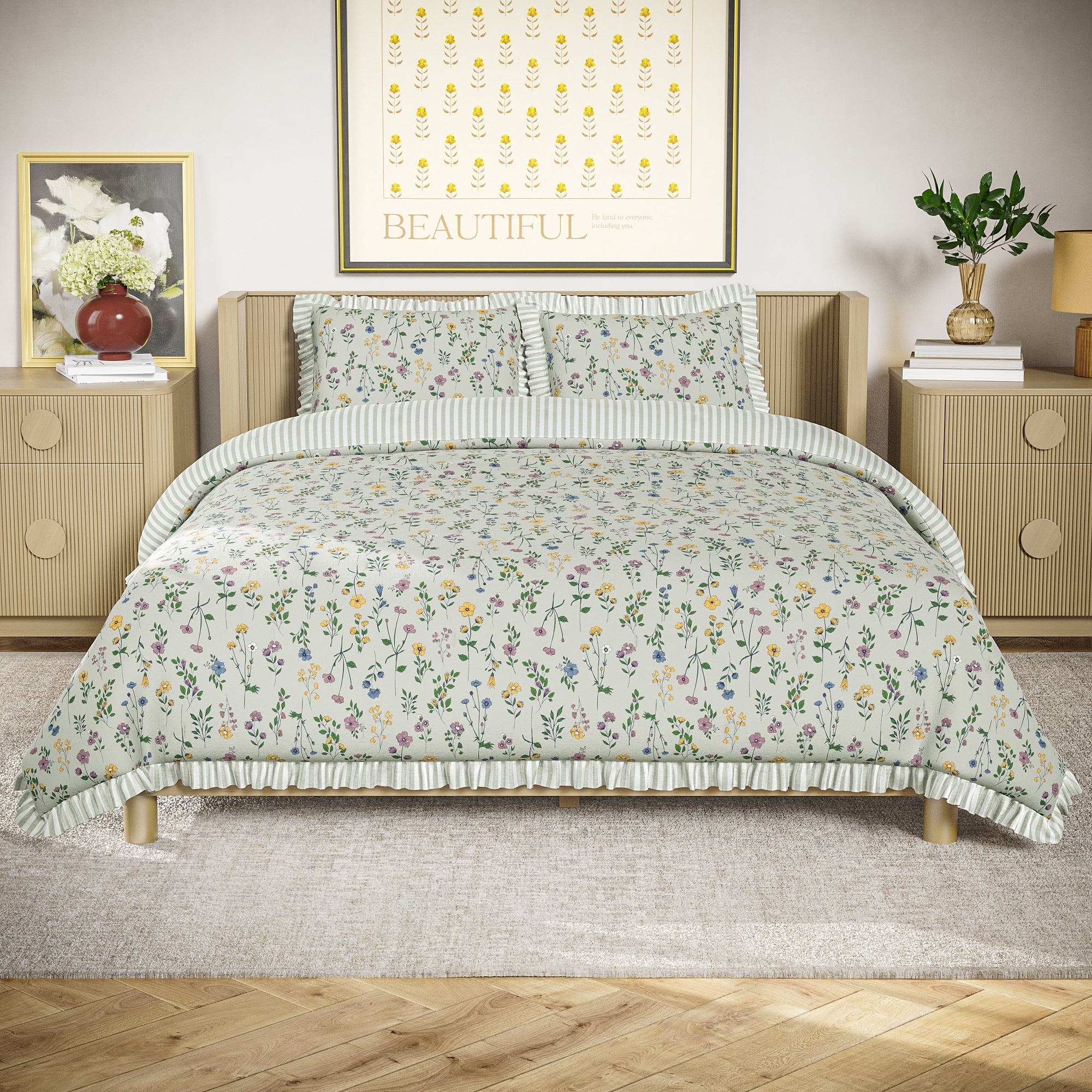 Heavyweight Warmth 100% Cotton Botanical 3-Piece Sage Green Comforter Set, Full/Queen - Luxurious Quilted Duvet Cover Set - Default Title