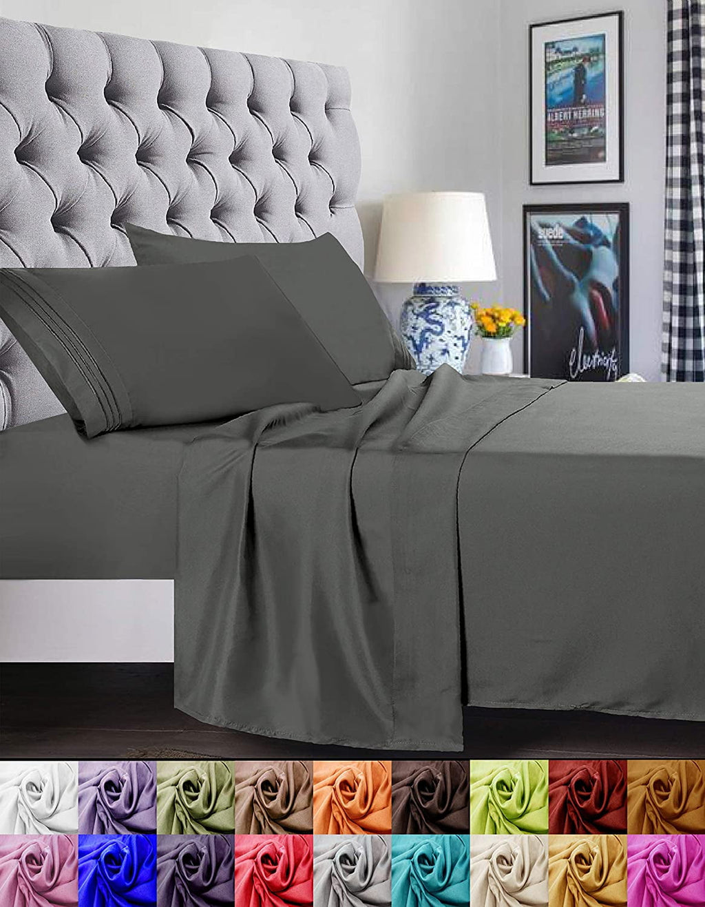 Premium Egyptian Cotton 4 Pieces Bed Sheet set Flat,Fitted,Pillowcase , Queen Grey - Cooling Hotel Quality Bedding Sheets and Pillowcases - Default Title