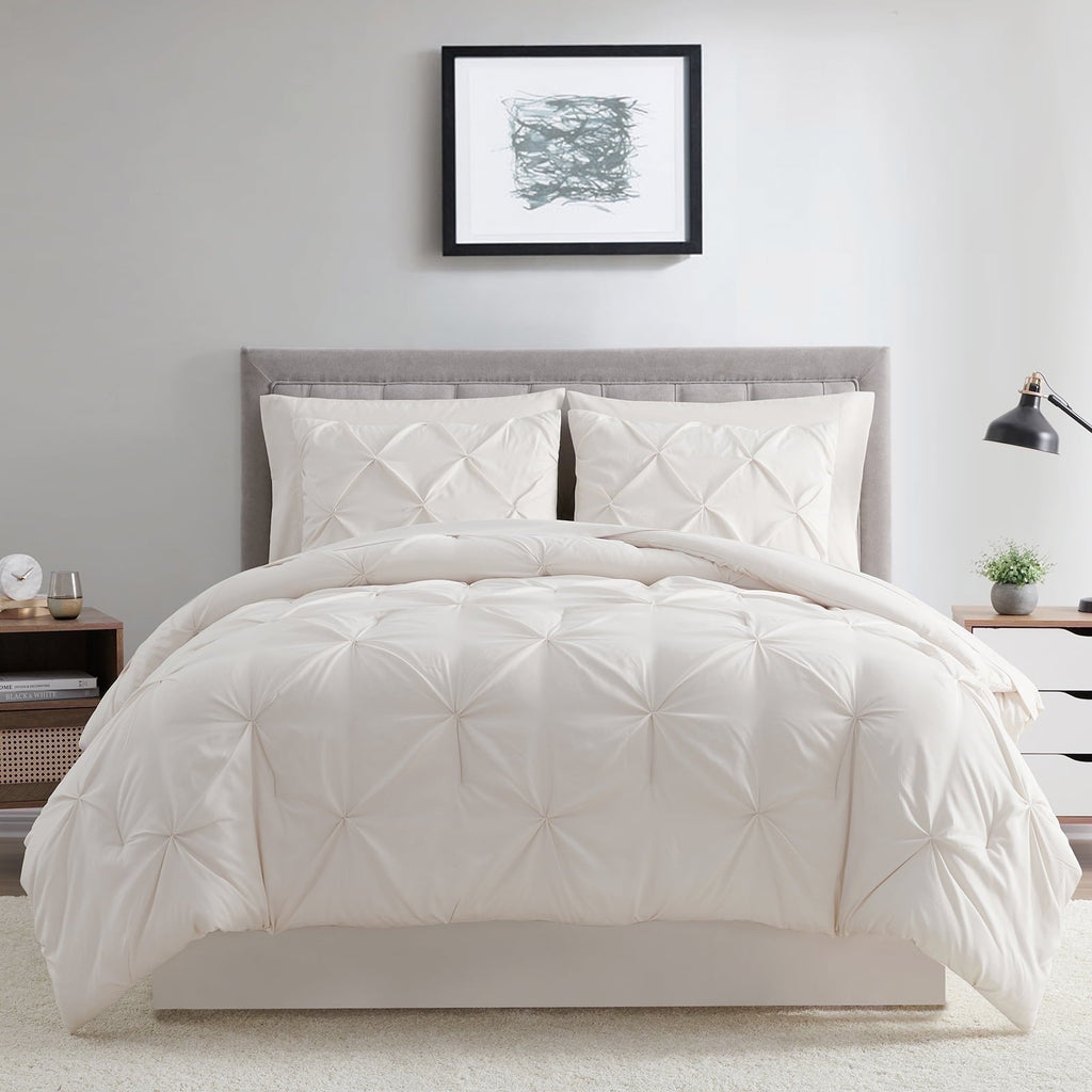 Fluffy Down Alternative Comforter Set, 3-Piece, Queen, Pleated Wrinkle-Resistant Microfiber Bedding, Ivory, All-Season - Luxurious Quilted Duvet Cover Set - Default Title
