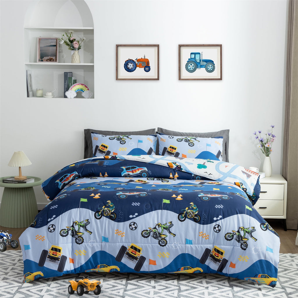 All-Season 3Pcs Reversible Construction Truck Twin Comforter Set for Boys Kids Excavator Vehicle Motorcycle Bedding Set Blue - Hypoallergenic Ultra-Fluffy Quilt for Winter - Default Title