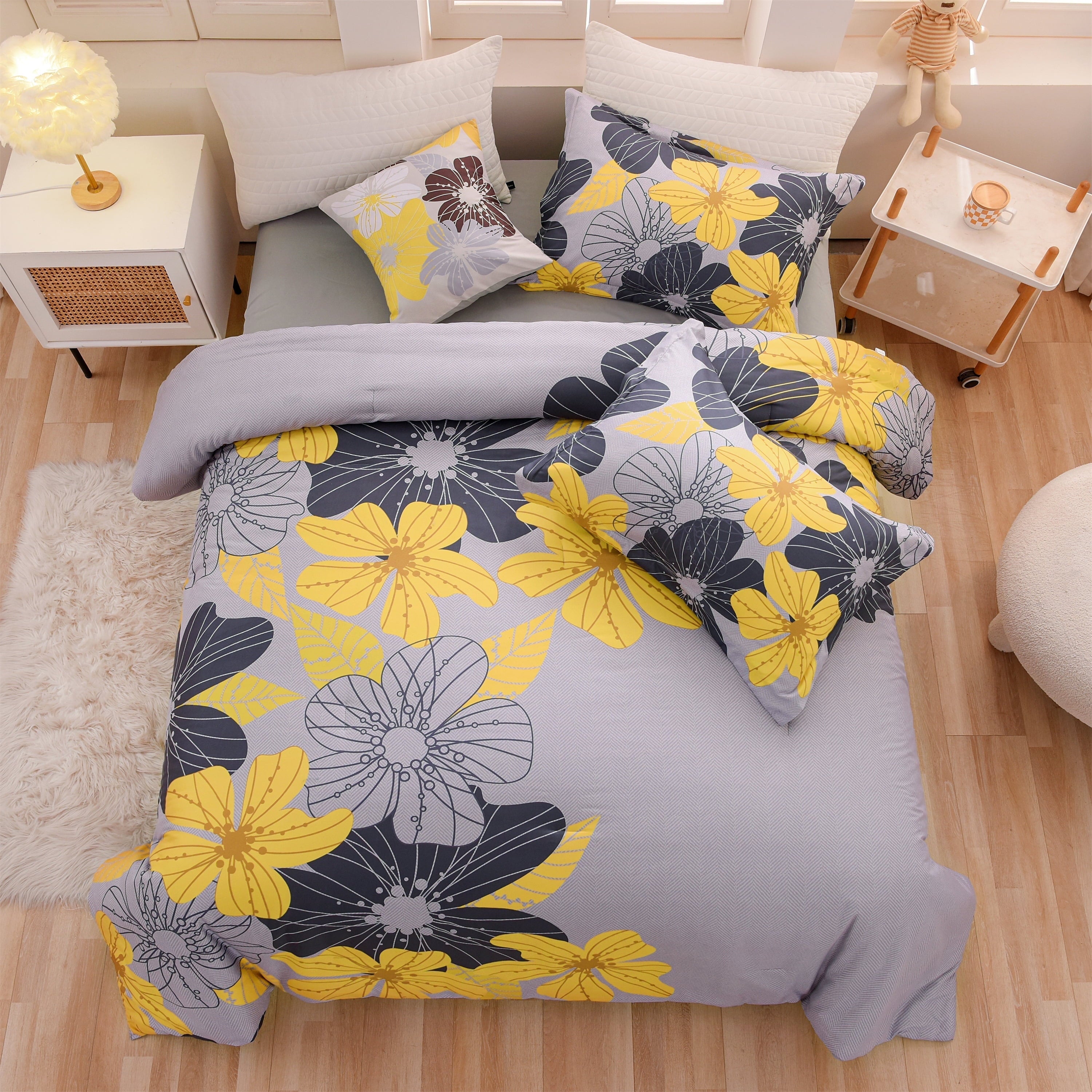 Fluffy Down Alternative Yellow Floral Comforter Set Queen Flower Bed Set Adult Soft Botanical Boho Bedding Set - Hypoallergenic Ultra-Fluffy Quilt for Winter - Default Title