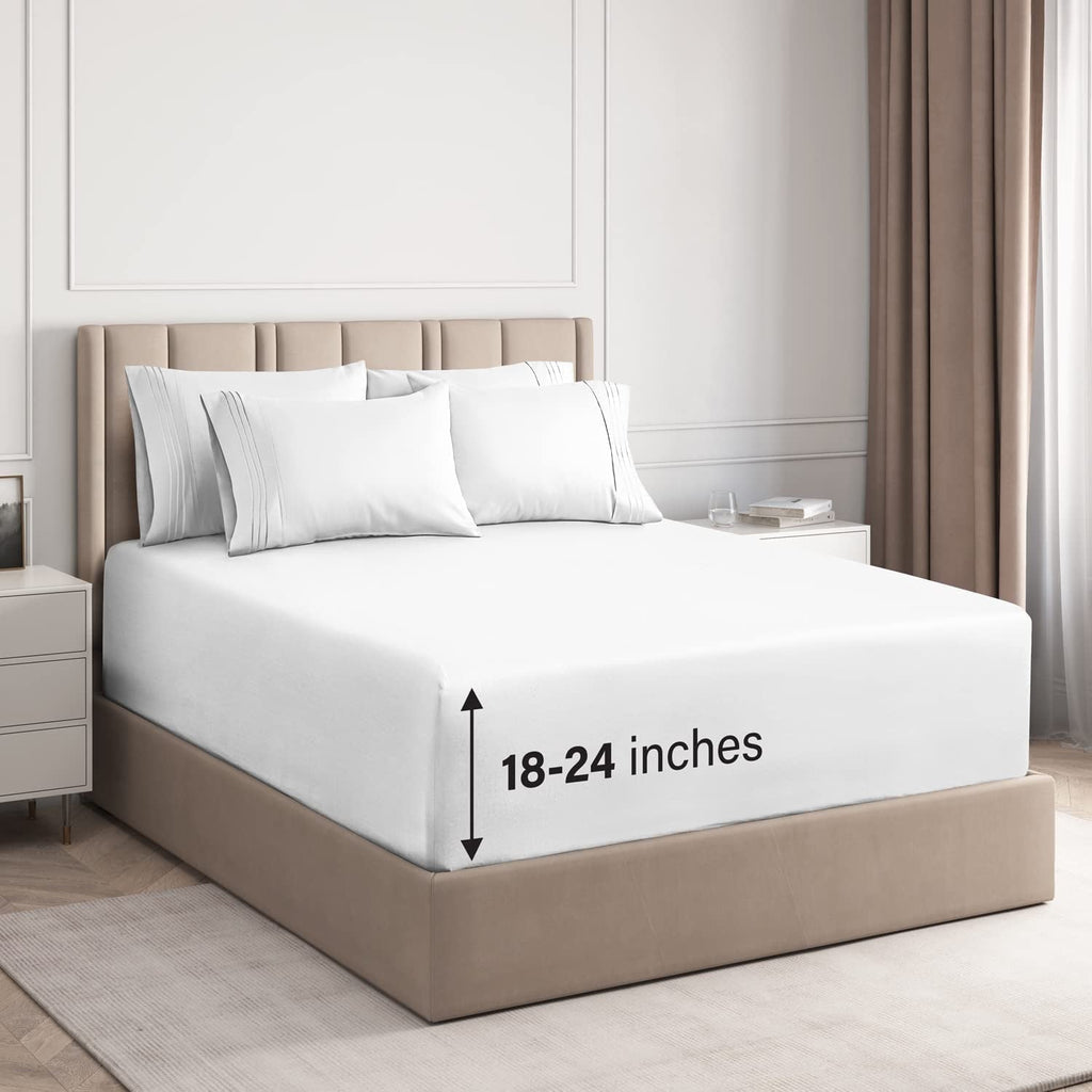 Wrinkle-Resistant 6-Piece Extra Deep Pocket Sheet Set With Extra Matching Pillowcases - King Size Bed Sheets Fits 18"-24" Ma... - Premium Ultra-Soft Pillowcase Pair for Sleeping - Default Title