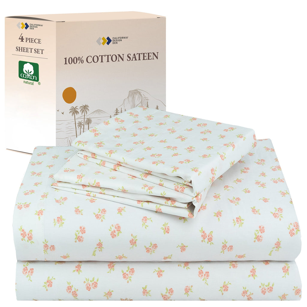 Cooling Sateen 4 Piece Printed Floral Bed Sheets Queen Size Set - 100% Cotton Sheets Queen, Soft Sateen Bedsheets, Deep Pocket Queen... - Cooling Hotel Quality Bedding Sheets and Pillowcases - Default Title