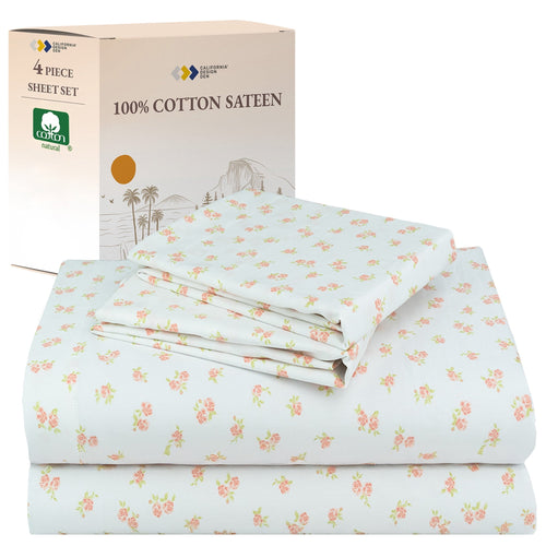 Cooling Sateen 4 Piece Printed Floral Bed Sheets Queen Size Set - 100% Cotton Sheets Queen, Soft Sateen Bedsheets, Deep Pocket Queen... - Cooling Hotel Quality Bedding Sheets and Pillowcases - Default Title