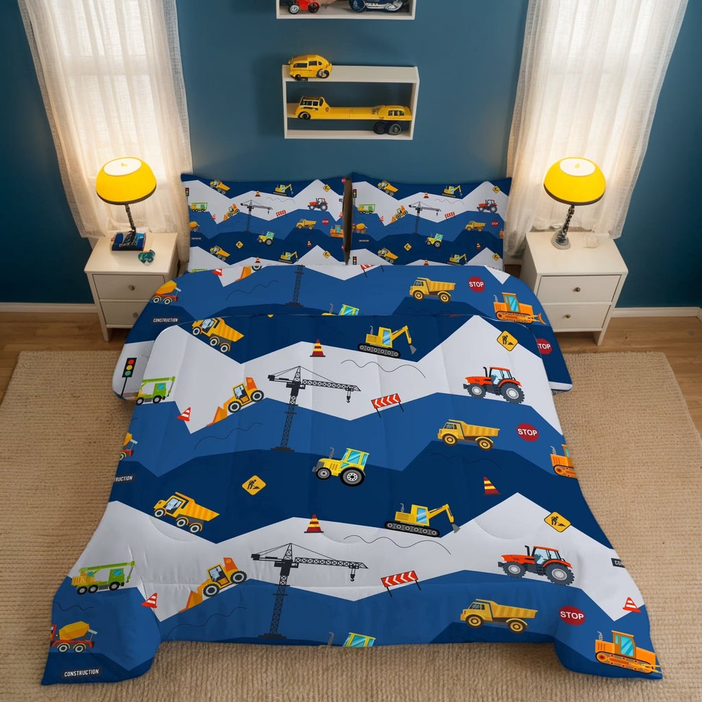 Heavyweight Warmth Car Comforter Set Construction Bedding Set for Boys Kids Trucks Comforter Cartoon Car Excavator Tractor Blue 3Pcs Twin - Luxurious Quilted Duvet Cover Set - Default Title