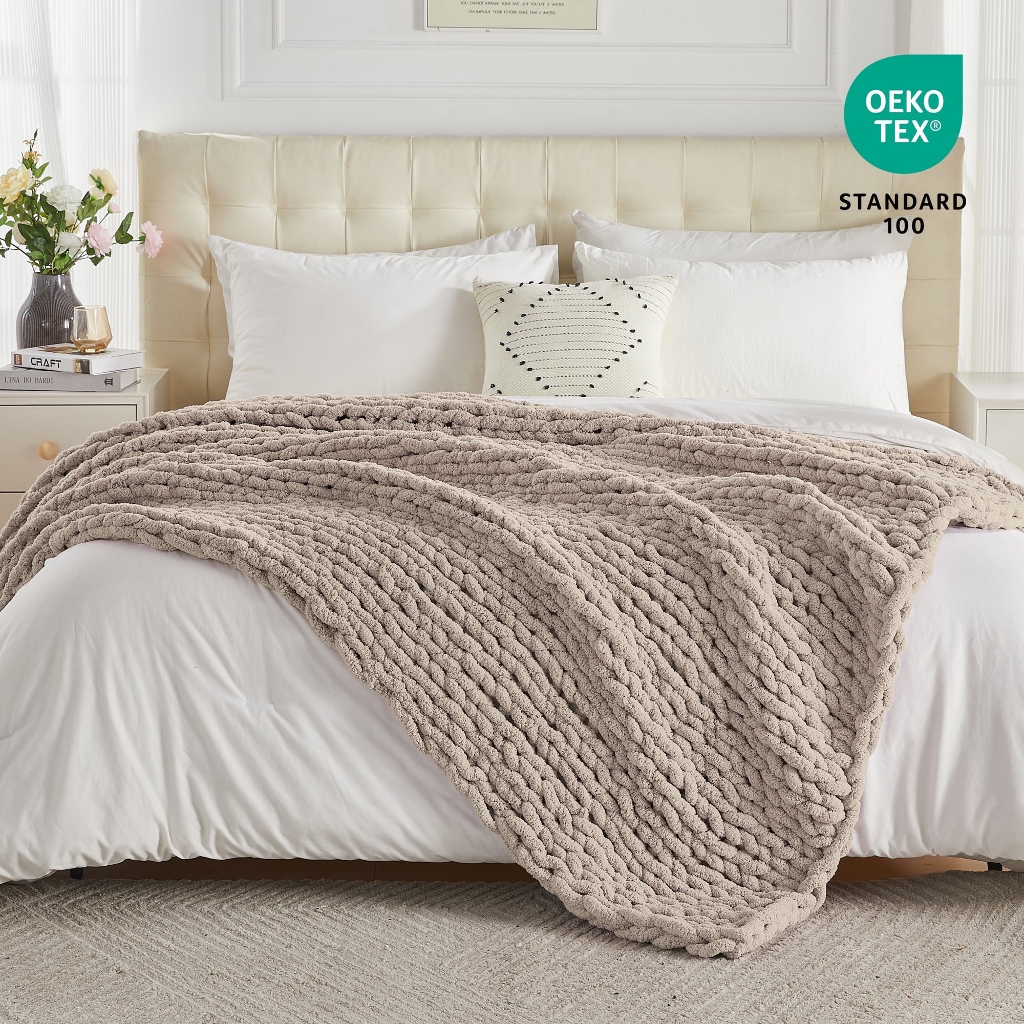 Super Soft Flannel Chunky Knit Throw Blanket Handmade Soft Throws for Couch Sofa Bed, 50" x 60" Taupe - Lightweight Plush Warm Blanket for All Seasons - Default Title