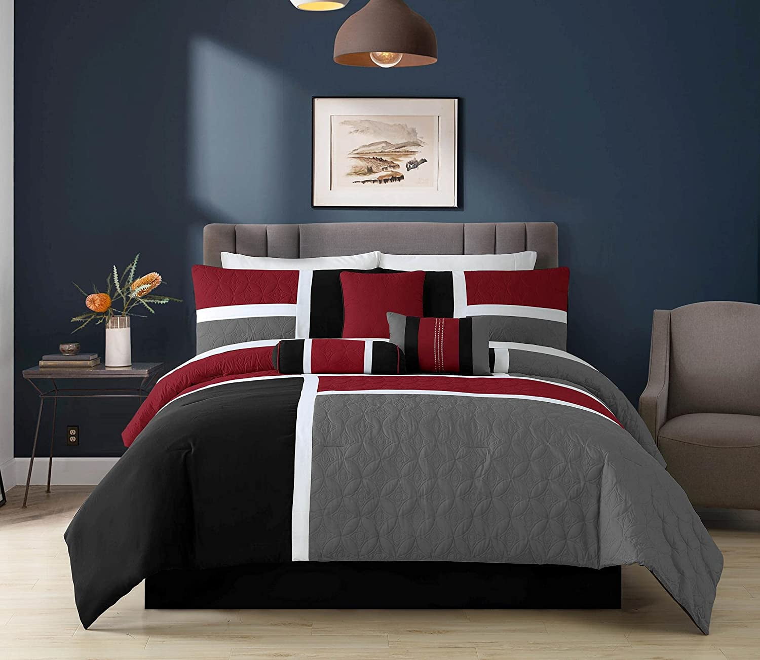 All-Season 7-Piece Medallion Patchwork Comforter Set, Full, Red/Gray/Black - Hypoallergenic Ultra-Fluffy Quilt for Winter - Default Title