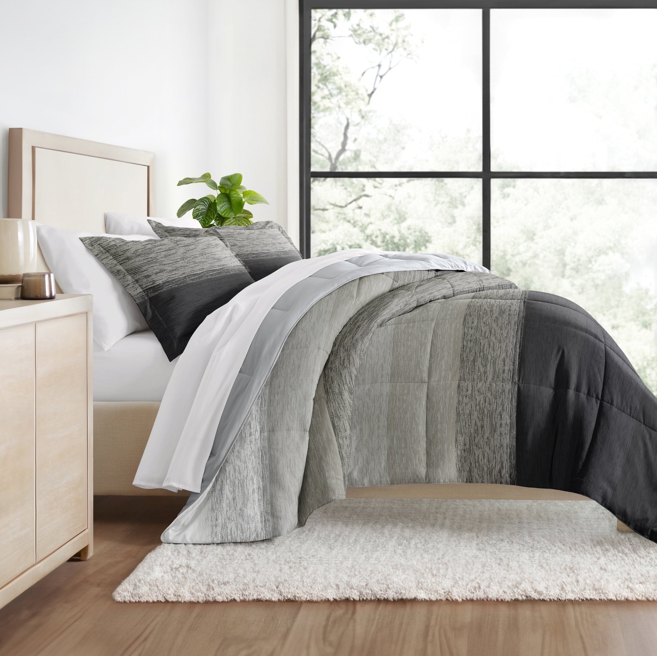 Fluffy Down Alternative All Season Ultra Soft Comforter Set Lightweight Bedding in Gray/Black Ombre for Full/Queen Size - Luxurious Quilted Duvet Cover Set - Default Title