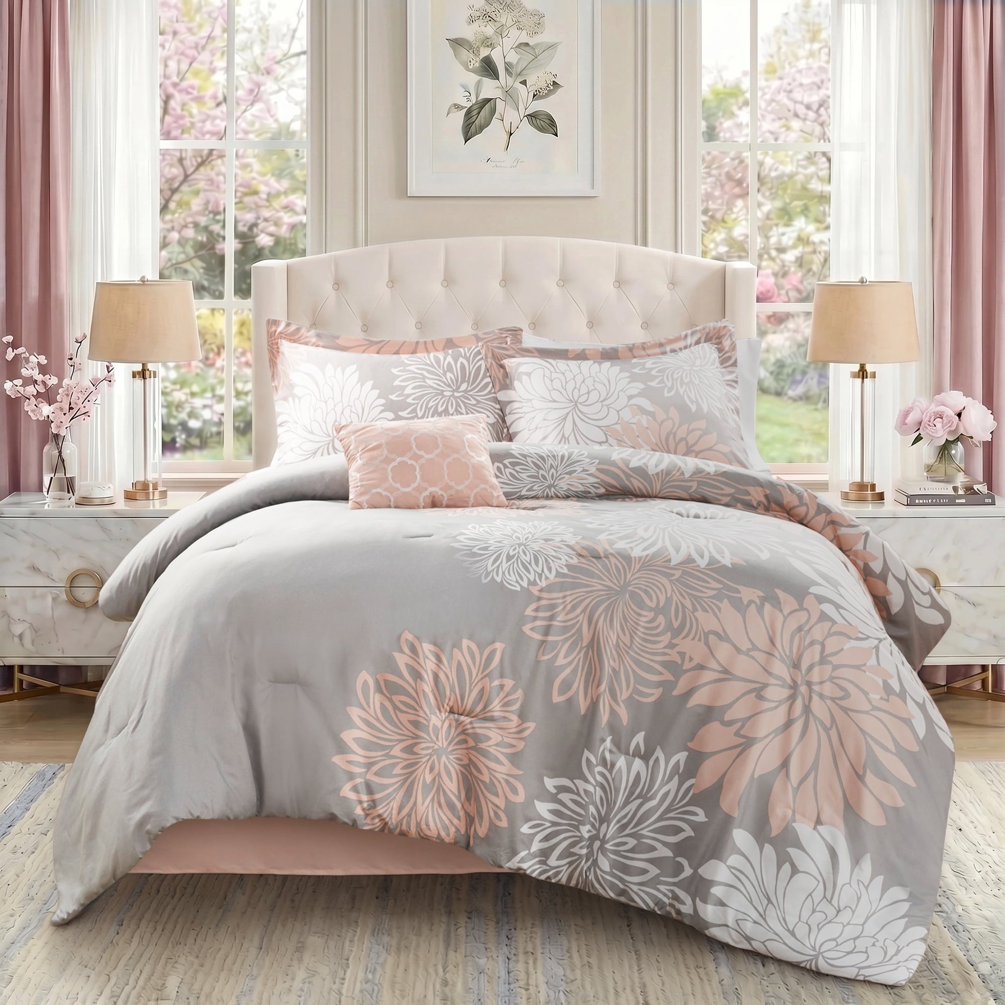 Hypoallergenic Cloud King Size Comforter Set, 5-Piece Floral Bedding Set for All Season, Blush Comforter Set King with Bed Skirt - Luxurious Quilted Duvet Cover Set - Default Title