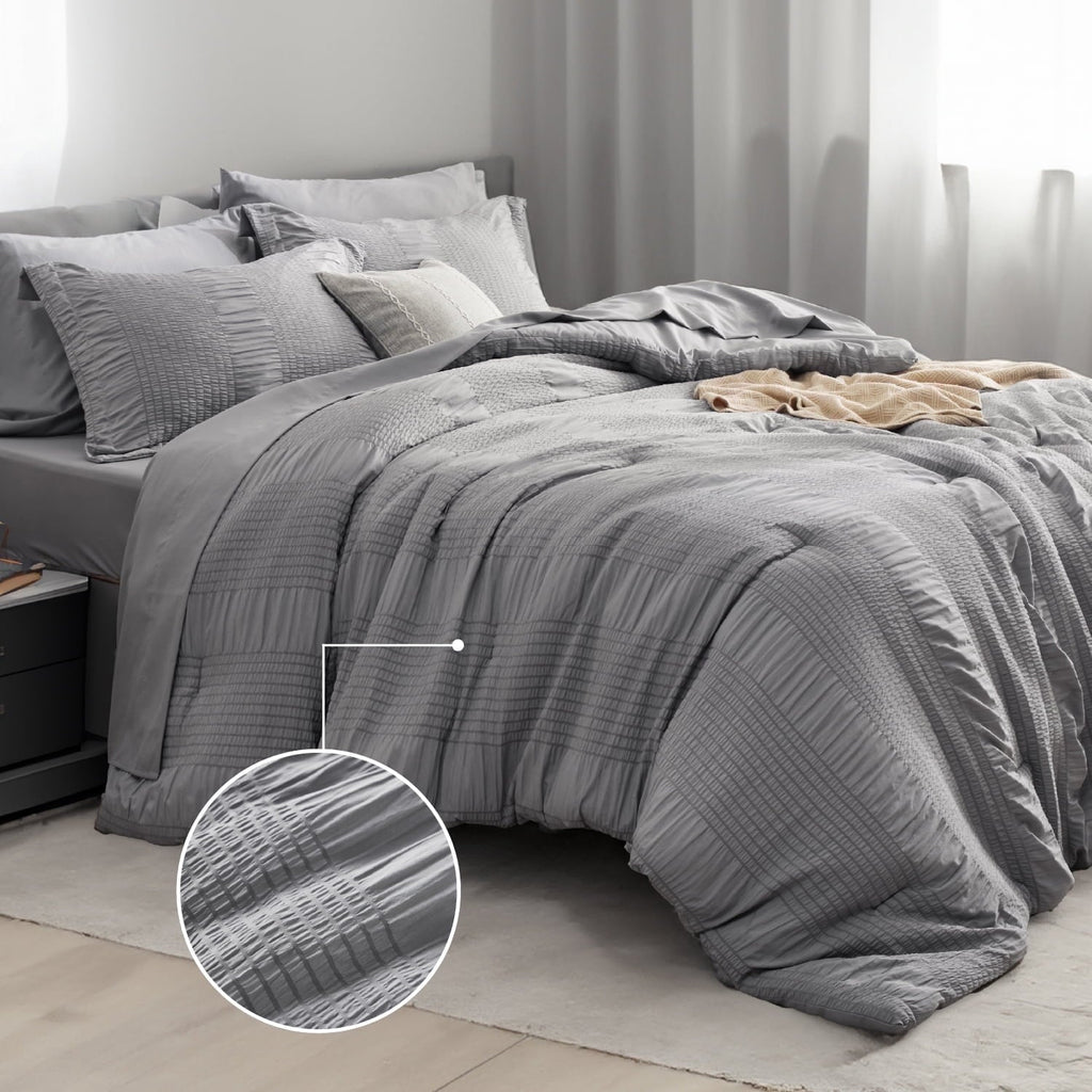 All-Season Twin Comforter Sets 5 Pieces Stripes Seersucker Bedding Set, Bed in a Bag with Soft Comforter & Sheets, Pillowcase & ... - Cloud-Like Soft Lightweight Bed Comforter - Default Title