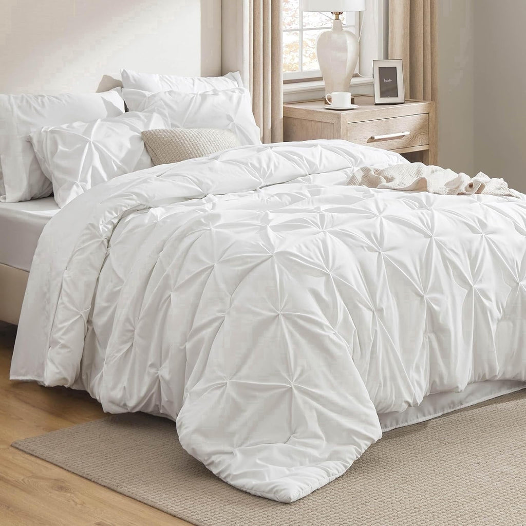 Heavyweight Warmth White Queen Comforter Set- 7 Pieces Pintuck Bedding Set with Comforters, Sheets, Pillowcases & Shams - Cloud-Like Soft Lightweight Bed Comforter - Default Title