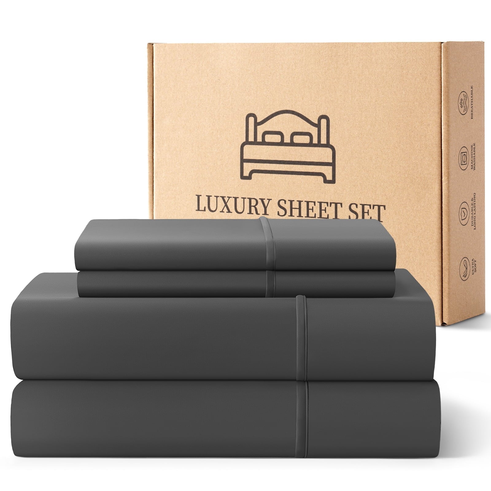Premium Egyptian Cotton Sheets,Soft Hotel Luxury Polyester Washed Cotton,4 Piece Sheets Set,with 14" Deep Pocket,Dark Gray - Cooling Hotel Quality Bedding Sheets and Pillowcases - Default Title
