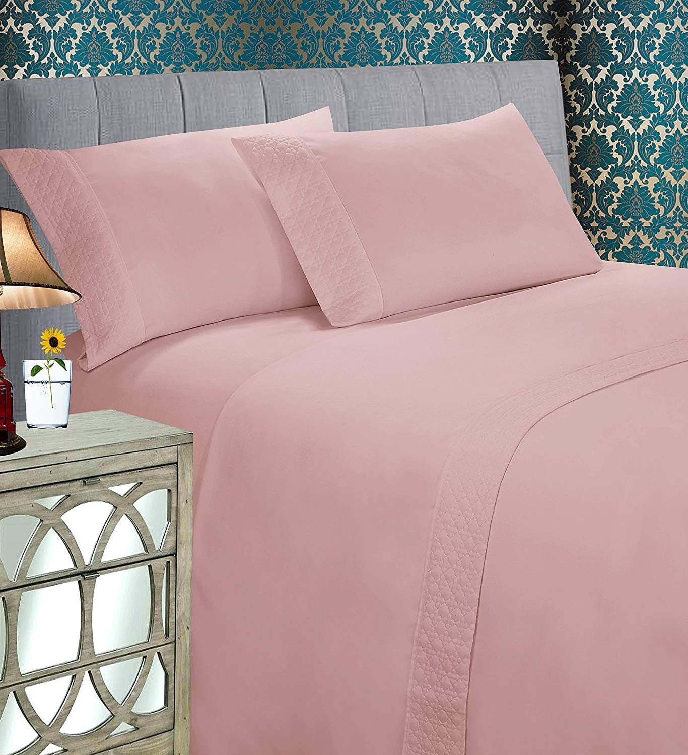 Breathable Luxury 4 Pieces Bed Sheet Set With Flat Fitted and 2 Pillowcases King-Dusty Rose - Luxury Bed Sheet Set with Deep Pockets - Default Title