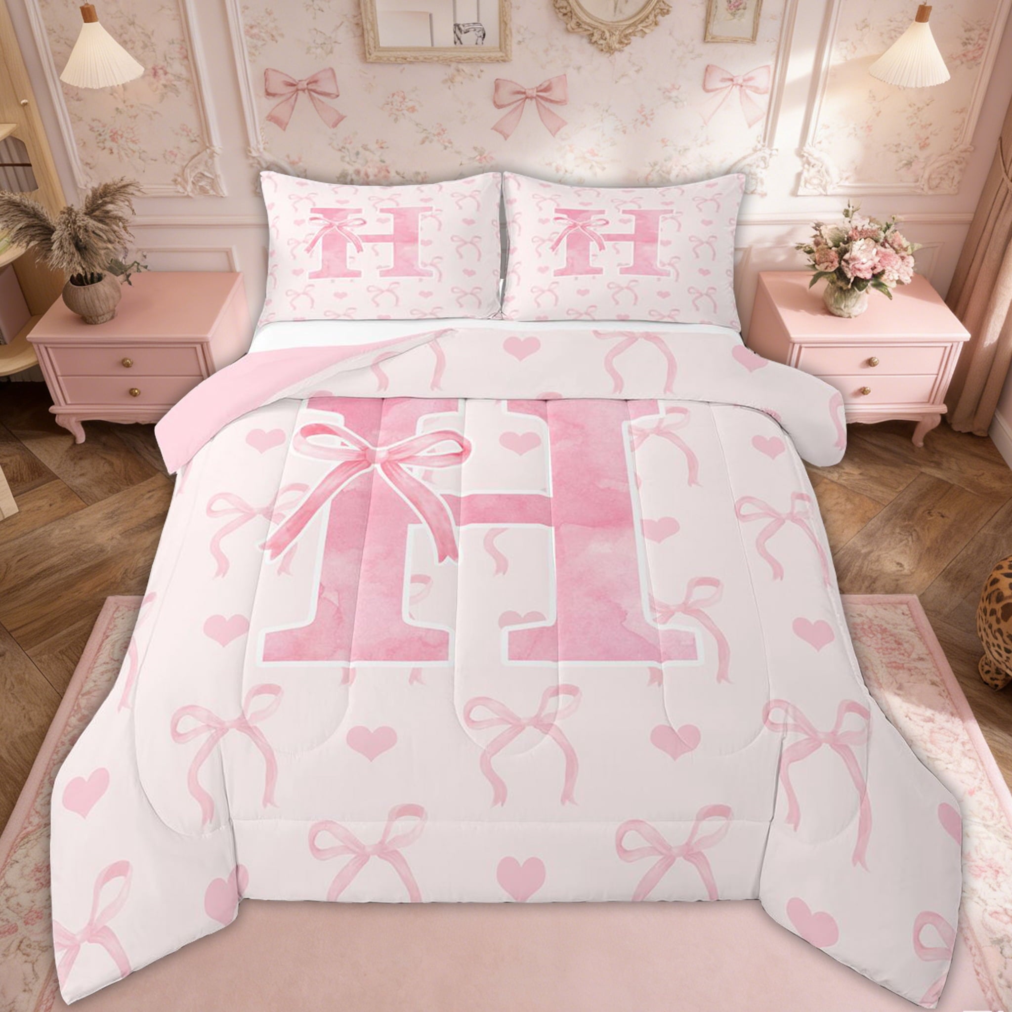 Heavyweight Warmth Kawaii Bowknot Bedding Sets Full with Comforter, Initial H Duvet Insert, Romantic Initial A-Z Decor, Reversible - Hypoallergenic Ultra-Fluffy Quilt for Winter - Default Title