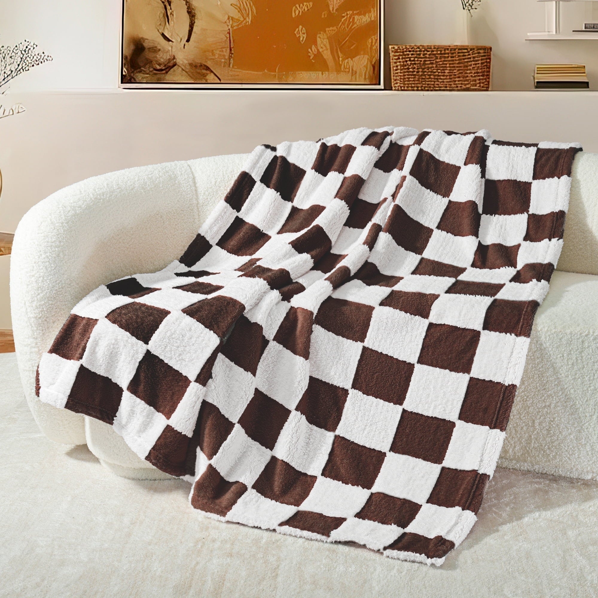 Lightweight Warm Checkered Throw Blanket, Super Soft and Warm Fluffy Fleece Blanket for Couch, Sofa, Bed, Cute Plaid Pattern, Coffee, ... - Luxury Knitted Decorative Throw Blanket with Fringes - Default Title