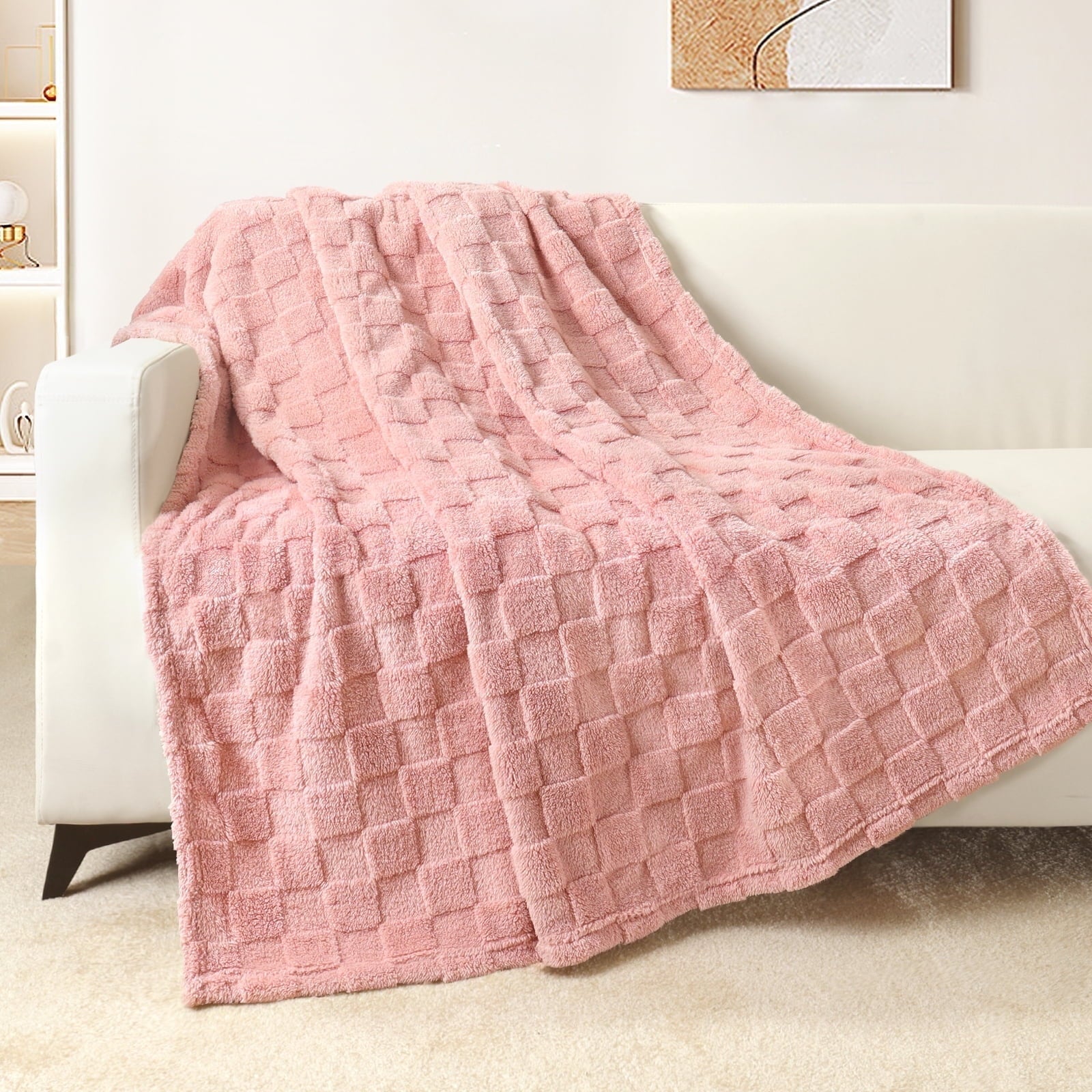 Cozy Fleece Fleece Throw Blanket for Couch, Super Soft Warm Lightweight Checkered Pattern Blanket for All Seasons, Pink, 50"x60" - Cozy Fleece Throw Blanket for Couch & Bed - Default Title