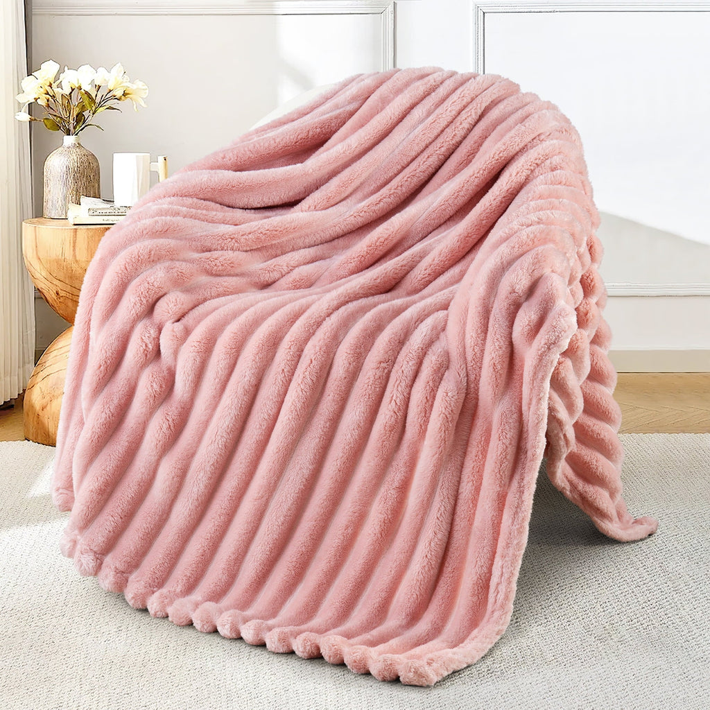 Lightweight Warm Fleece Throw Blanket for Couch, Super Soft 3D Striped Jacquard Blanket, Lightweight Fuzzy Cozy Blankets, Pink, 50"x60" - Luxury Knitted Decorative Throw Blanket with Fringes - Default Title