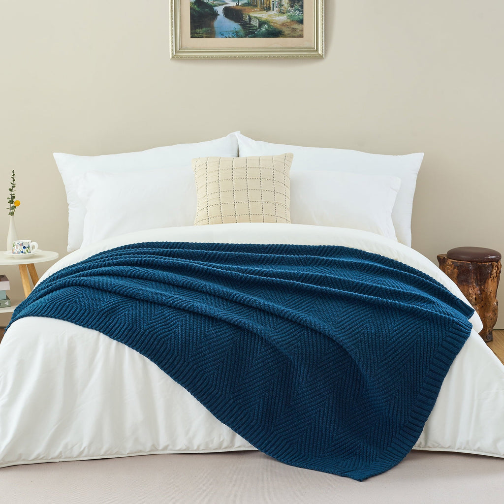 Super Soft Flannel Soft Knitted Throw Blanket 50" x 60" Navy Blue, Boho Chevron Farmhouse Throw for Bed Couch - Luxury Knitted Decorative Throw Blanket with Fringes - Default Title