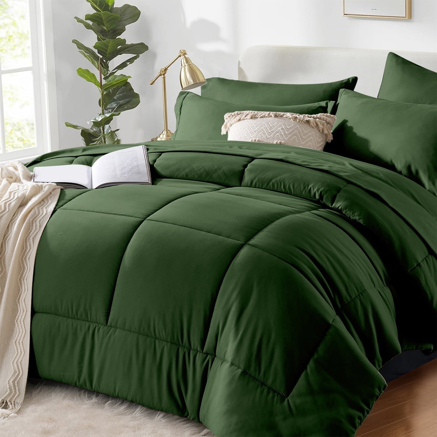 Heavyweight Warmth Queen Comforter Set Forest Green Bed in a Bag Queen Size 7 Pieces Soft Bed Set Lightweight Microfiber Green Bedding C... - Luxurious Quilted Duvet Cover Set - Default Title