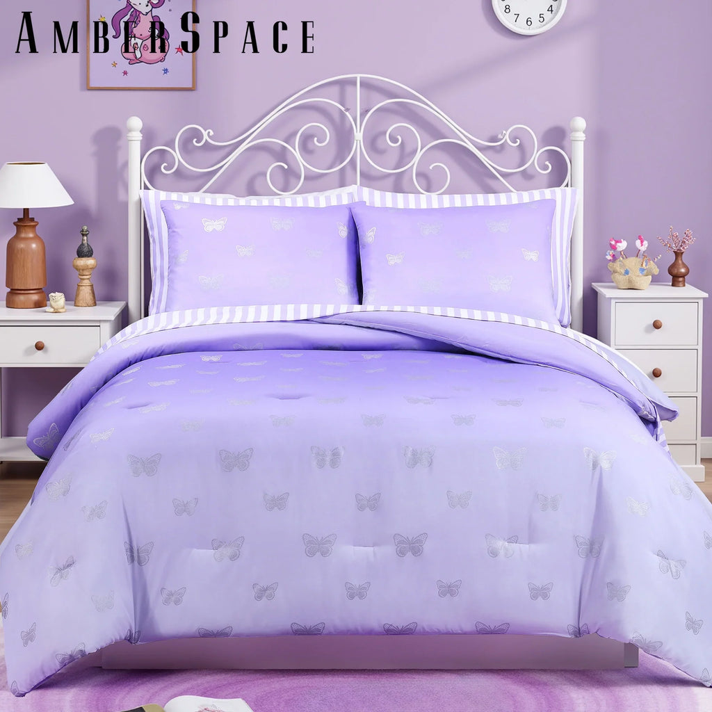Luxurious Quilted gold foil Design 7-piece Bed in a Bag Comforter Set with Sheets,Purple/Silver Butterflies,Full - Hypoallergenic Ultra-Fluffy Quilt for Winter - Default Title