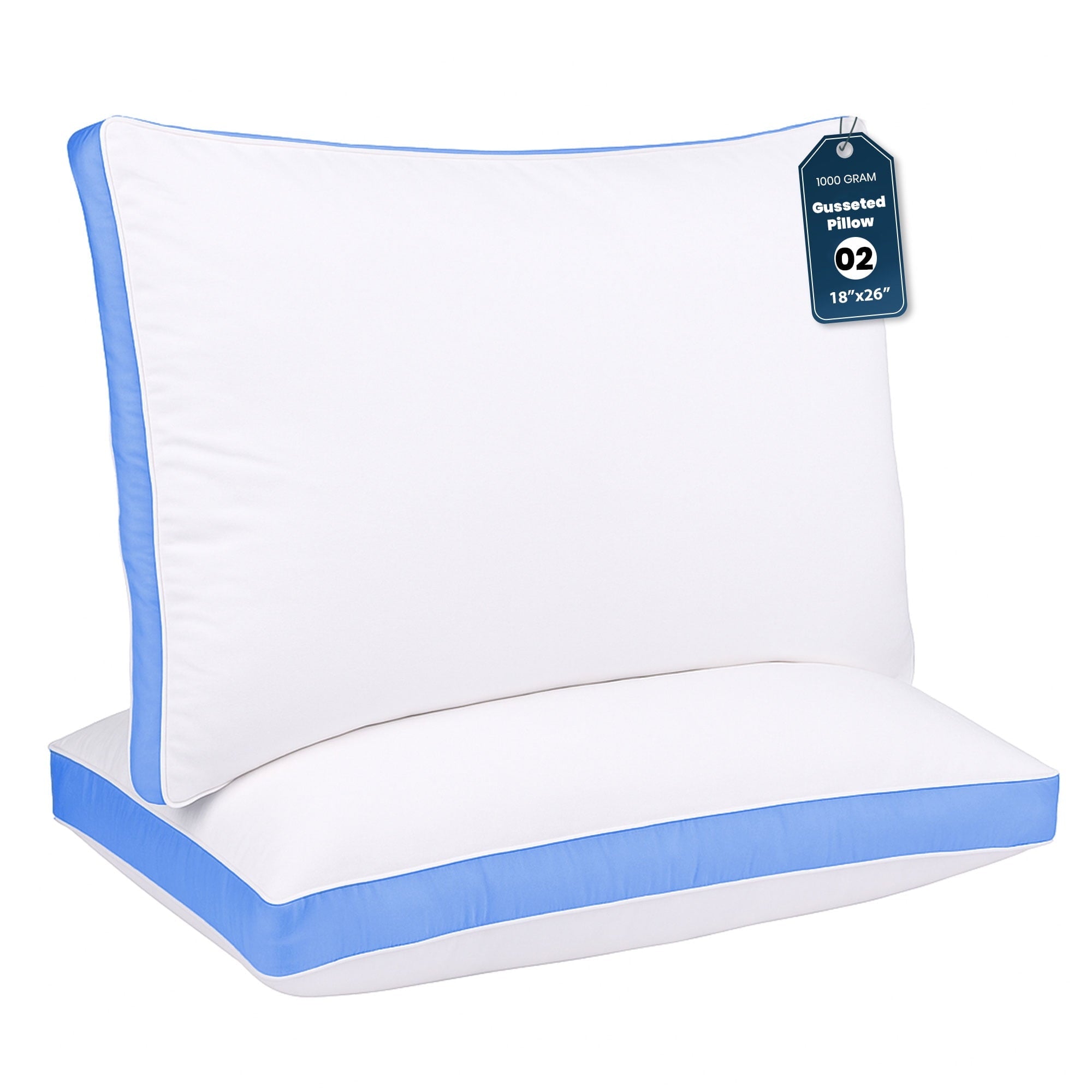 Hotel Collection Gusseted Queen 18x26 Bed Pillows for Sleeping Set of 2 Polycotton White Blue Stripe Comfortable - Hotel Quality Plush Sleeping Pillows - Default Title
