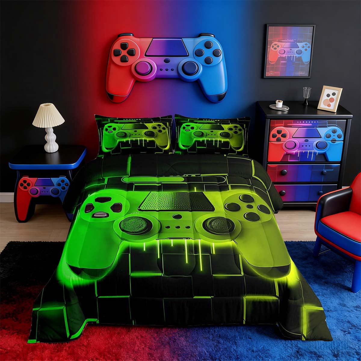 Fluffy Down Alternative Green Yellow Gaming Full Size Comforter Sets - Gamer Comforter Full Size Bedding Set, Neon Lights Abstract Geometry D... - Cloud-Like Soft Lightweight Bed Comforter - Default Title