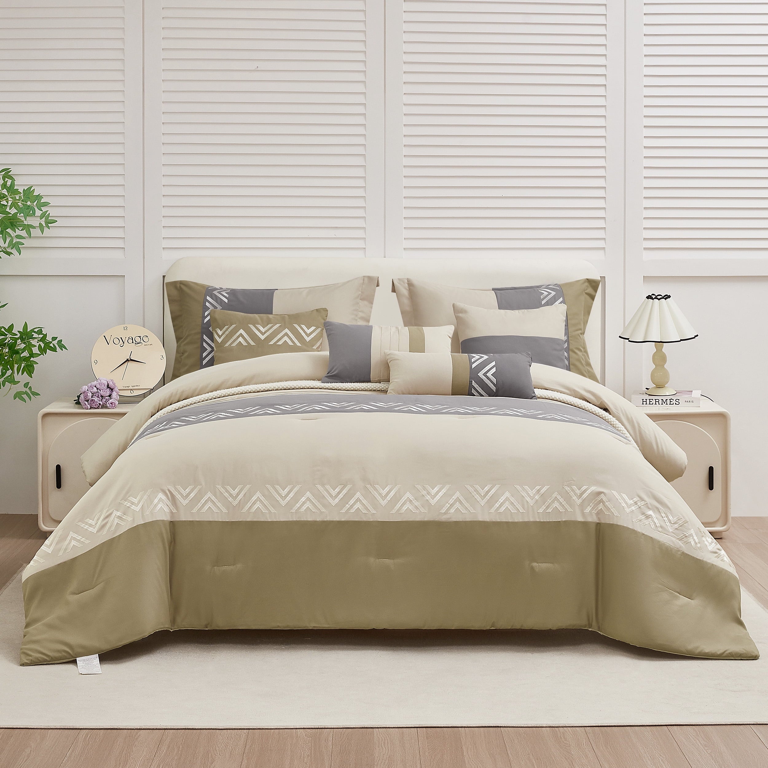 All-Season 7 Piece Embroidery Design Bed-in-a-Bag, Taupe Queen Size Ultra Soft Comforter Set for Adults - All-Season Down Alternative Comforter Insert - Default Title