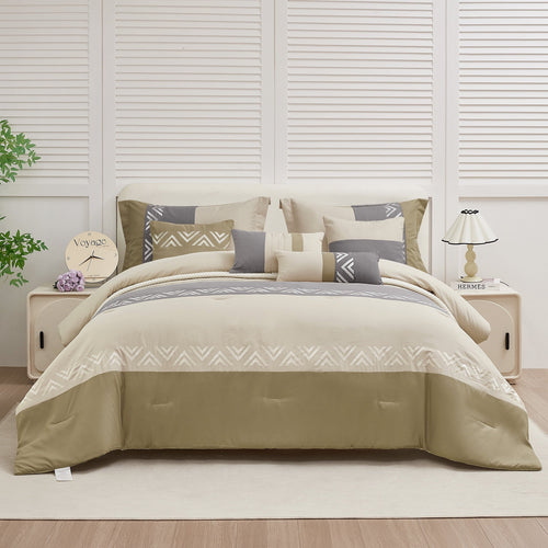 All-Season 7 Piece Embroidery Design Bed-in-a-Bag, Taupe Queen Size Ultra Soft Comforter Set for Adults - All-Season Down Alternative Comforter Insert - Default Title