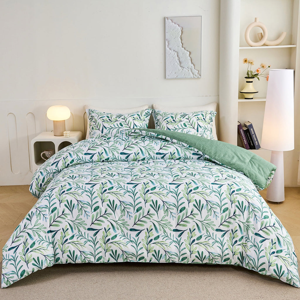 All-Season 3-Piece Floral Comforter Set King Size, Green and White Botanical, Soft Microfiber All-Season Bedding for Adults & Teens - Luxurious Quilted Duvet Cover Set - Default Title