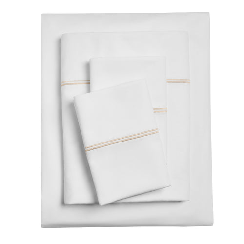 Cooling Sateen 4-Piece 300 Thread Count White Pima Cotton Bed Sheet Set with Tan Hem, Full , Adult/Teen - Luxury Bed Sheet Set with Deep Pockets - Default Title