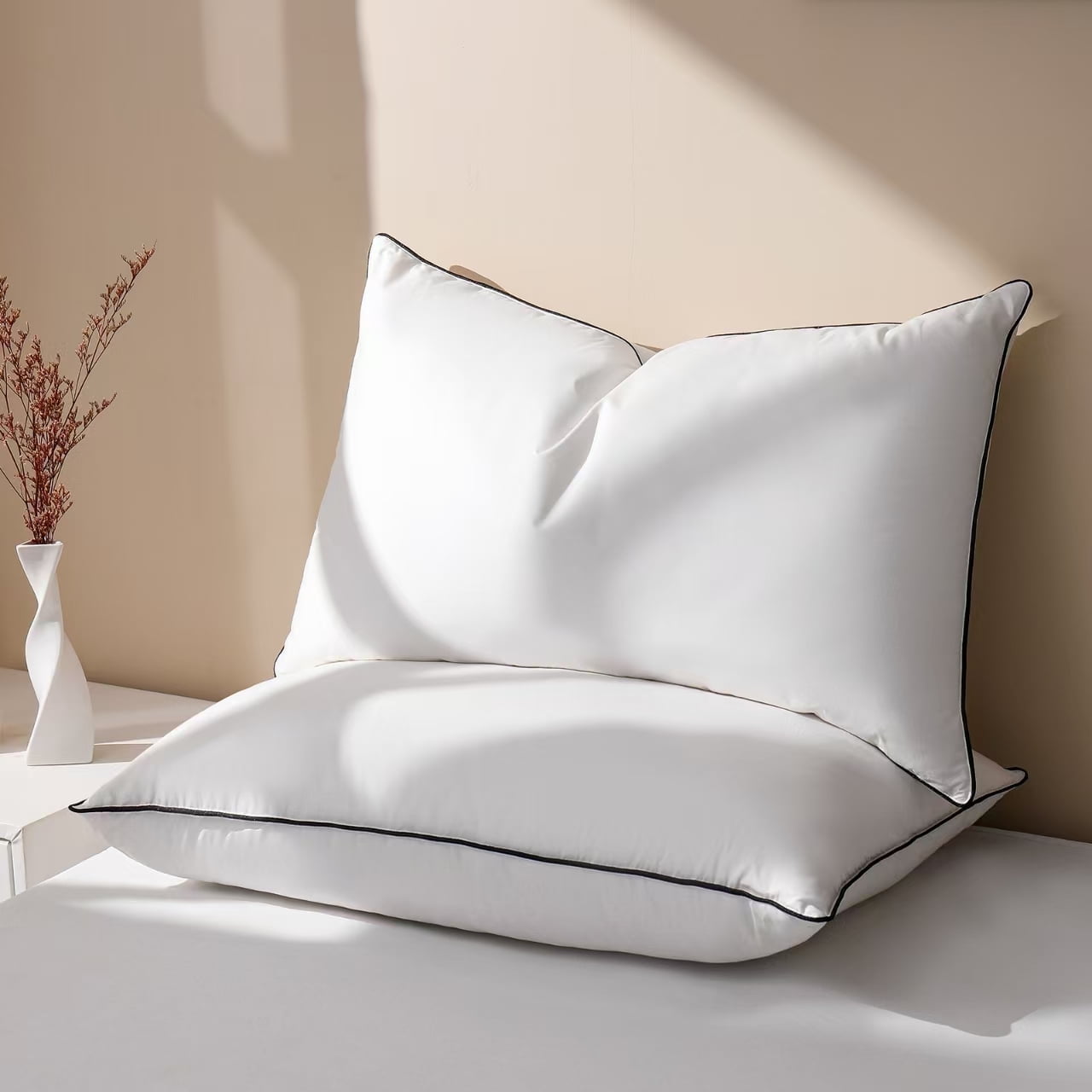 Decorative Plump Feather Down Pillows Set of 2, Medium Firm Hotel Bed Pillow 2 Pack, Queen Size, 20 x 30 in. - Ergonomic Memory Foam Pillow for Neck Pain Support - Default Title