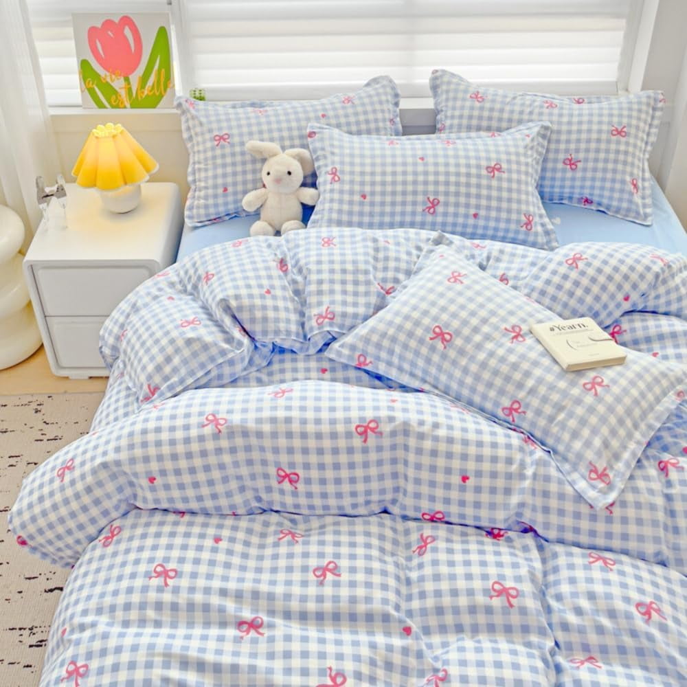 Luxurious Quilted 3-Piece Blue Plaid Pink Bows Comforter Full Set , Cute Soft Bedding Set for Kids Adults - Hypoallergenic Ultra-Fluffy Quilt for Winter - Default Title