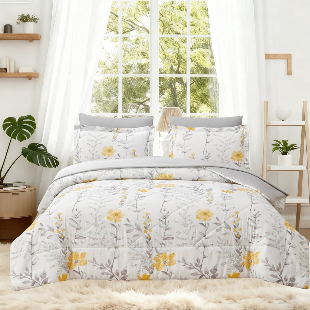 Heavyweight Warmth 3 Piece Comforter Set Queen Yellow Floral Quilt Microfiber Patchwork Bedspread - Luxurious Quilted Duvet Cover Set - Default Title