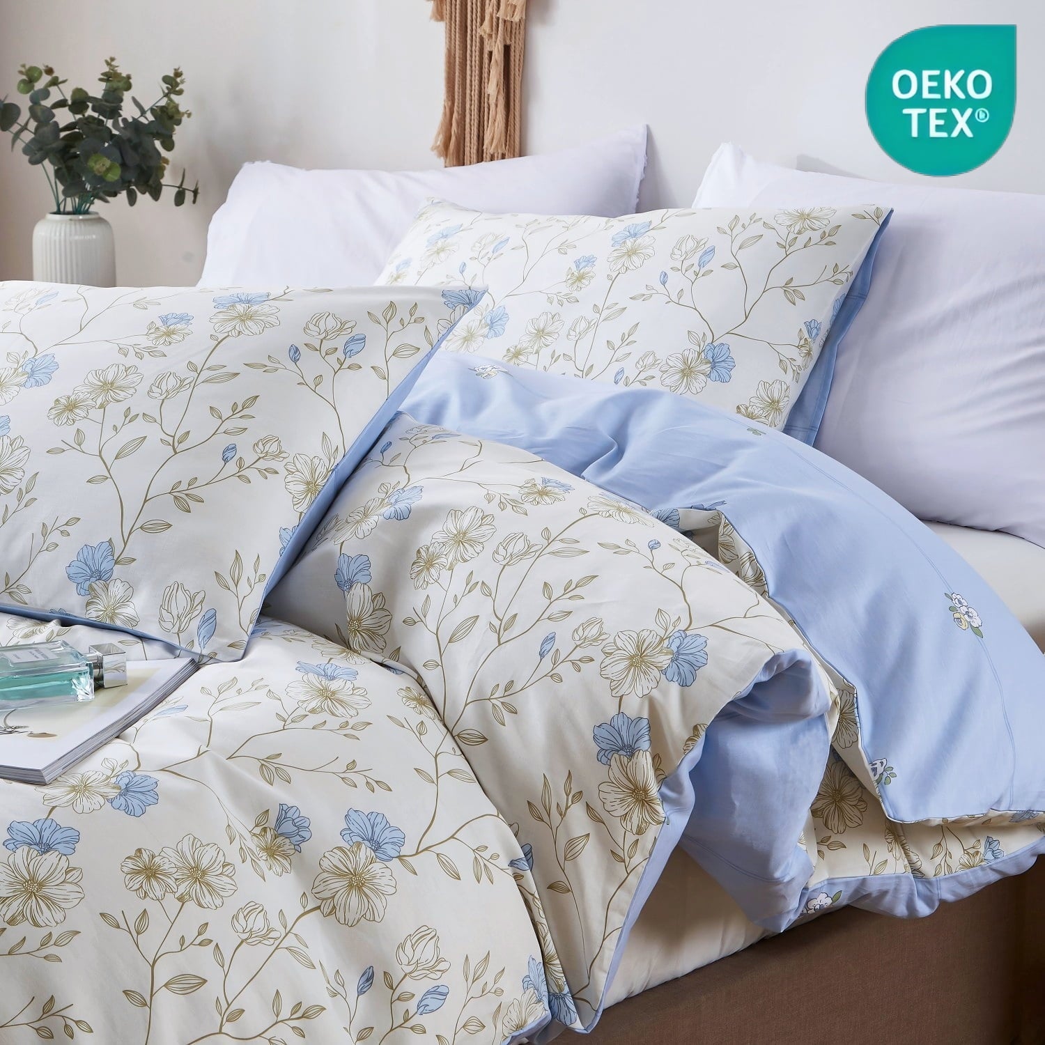 Luxurious Quilted Cotton Comforter Sets Queen Size, 3 Pieces Botanical Blue Floral Reversible Bedding Sets for Adults All Season - Luxurious Quilted Duvet Cover Set - Default Title