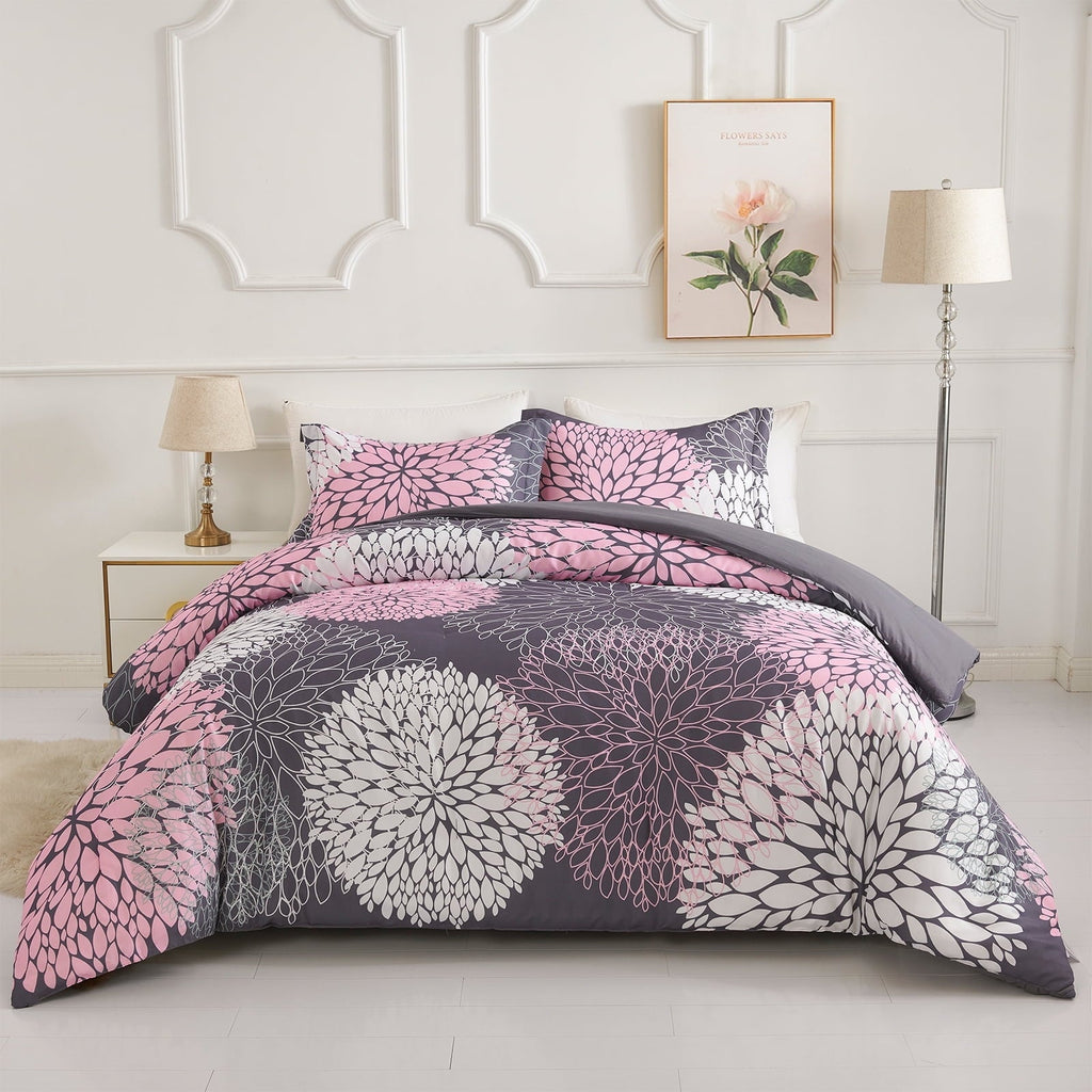 Fluffy Down Alternative 2 Pieces Pink Floral Comforter Set Twin Size, Botanical Bedding Sets with Cute Flowers Printing for Teen Girls - All-Season Down Alternative Comforter Insert - Default Title