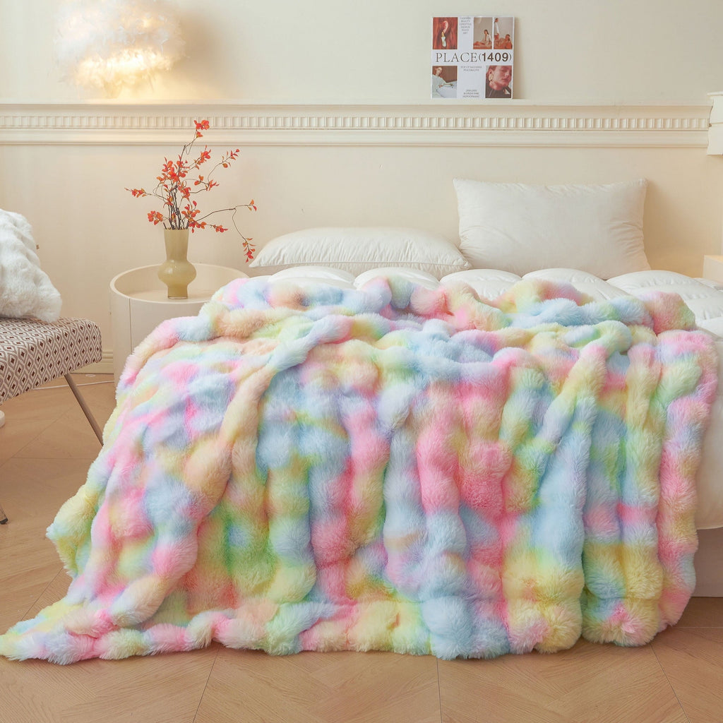 Cozy Fleece Fluffy Faux Rabbit Fur Bubble Throw, Rainbow Plush Shaggy Blanket for Couch Sofa Chair, Soft Tie Dye Furry Blanket Ad... - Lightweight Plush Warm Blanket for All Seasons - Default Title