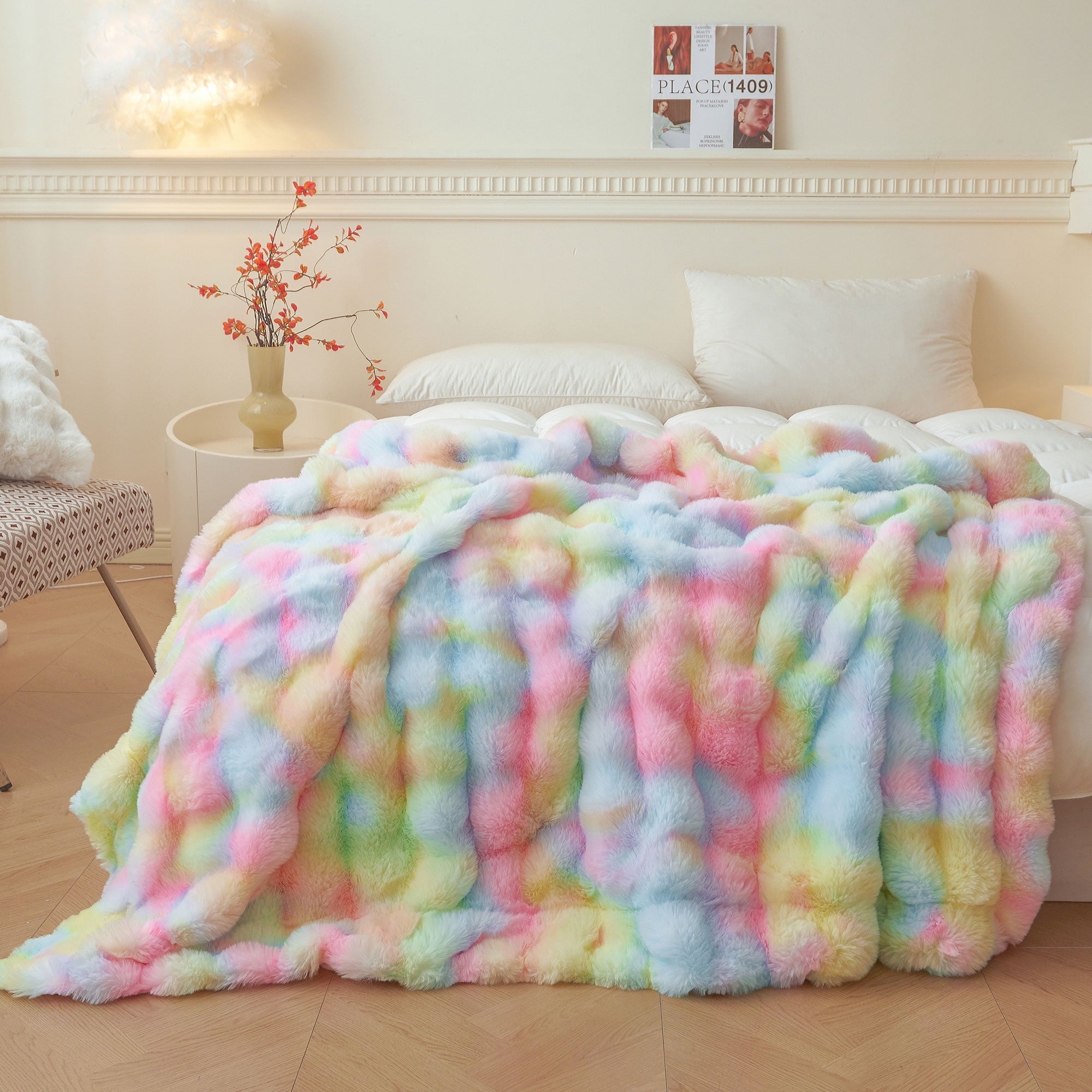 Cozy Fleece Fluffy Faux Rabbit Fur Bubble Throw, Rainbow Plush Shaggy Blanket for Couch Sofa Chair, Soft Tie Dye Furry Blanket Ad... - Lightweight Plush Warm Blanket for All Seasons - Default Title