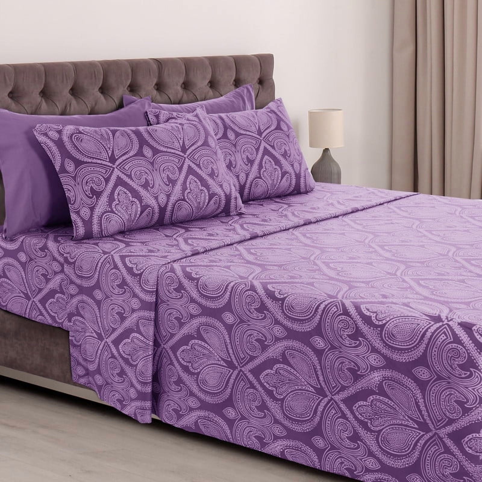 Ultra-Soft Paisley Printed Queen Bed Sheets Set, Microfiber 6 Piece Bedding Set - Purple - Breathable Egyptian Cotton Flat & Fitted Sheets - Default Title