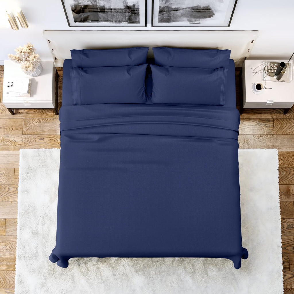Breathable Luxury Queen Bed Sheets Set, 6 Pc Microfiber Bed Sheets, Extra Deep Pocket Queen Fitted Sheet, Flat Sheet & Pillowcases, Nav... - Breathable Egyptian Cotton Flat & Fitted Sheets - Default Title